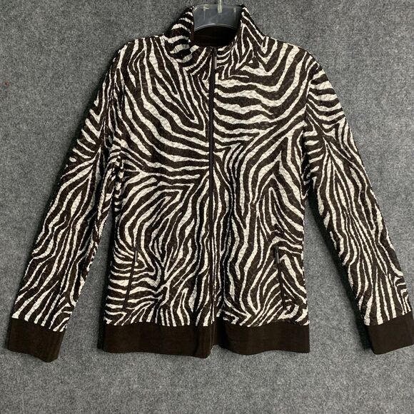 Chicos 1 Zebra  Print Jacket Sz M Full Zip Hi Neck Zip Pockets Burn Out - Picture 1 of 10